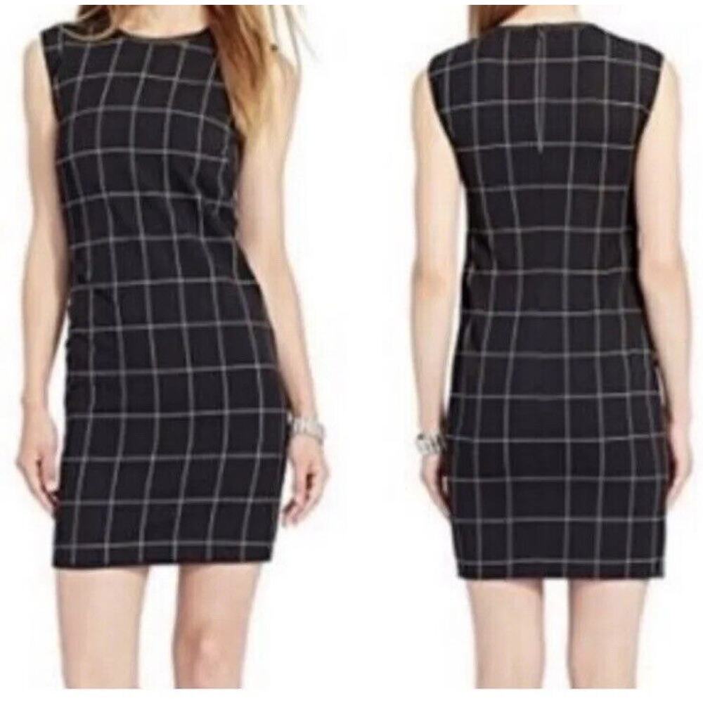 Lauren Ralph Lauren Leather Trim Dress Size 6 Windowpane Plaid‎ Black Sheath